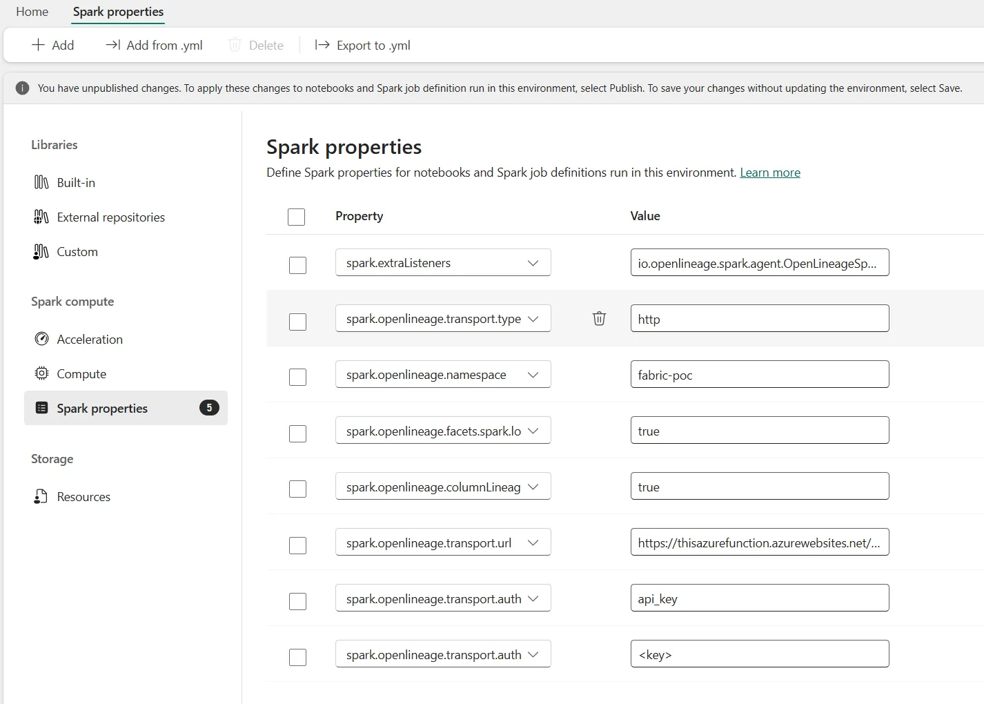 The Spark properties pane of a Fabric Environment, showing the OpenLineage listener and HTTP transport settings